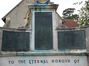 Close up of inscription panels and staining to stone work &copy; Headley Parish Council, 2010