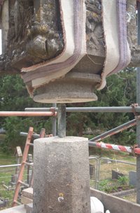 Removal of crown of cross exposing internal copper dowel © Orchard Stonemasons, 2010